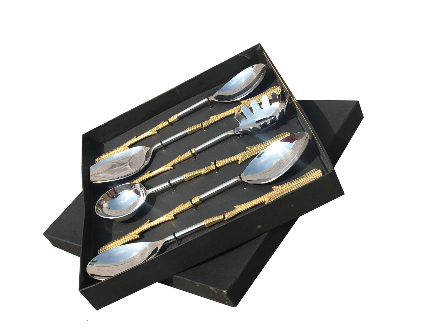 Maverics Exquisite Gold Classique Serving Spoon Set | Brass Flatware with Multi Leaves Handle | Designer Gift Box | Set of 6