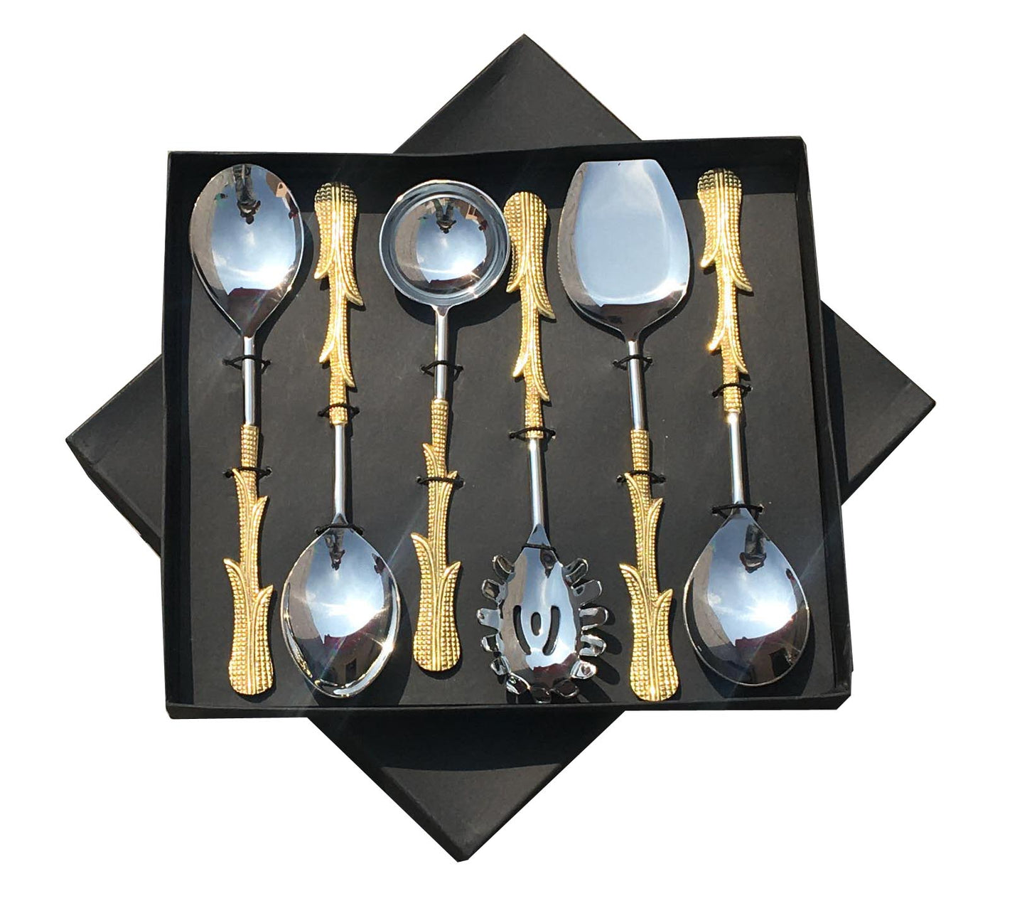 Maverics Exquisite Gold Classique Serving Spoon Set | Brass Flatware with Multi Leaves Handle | Designer Gift Box | Set of 6