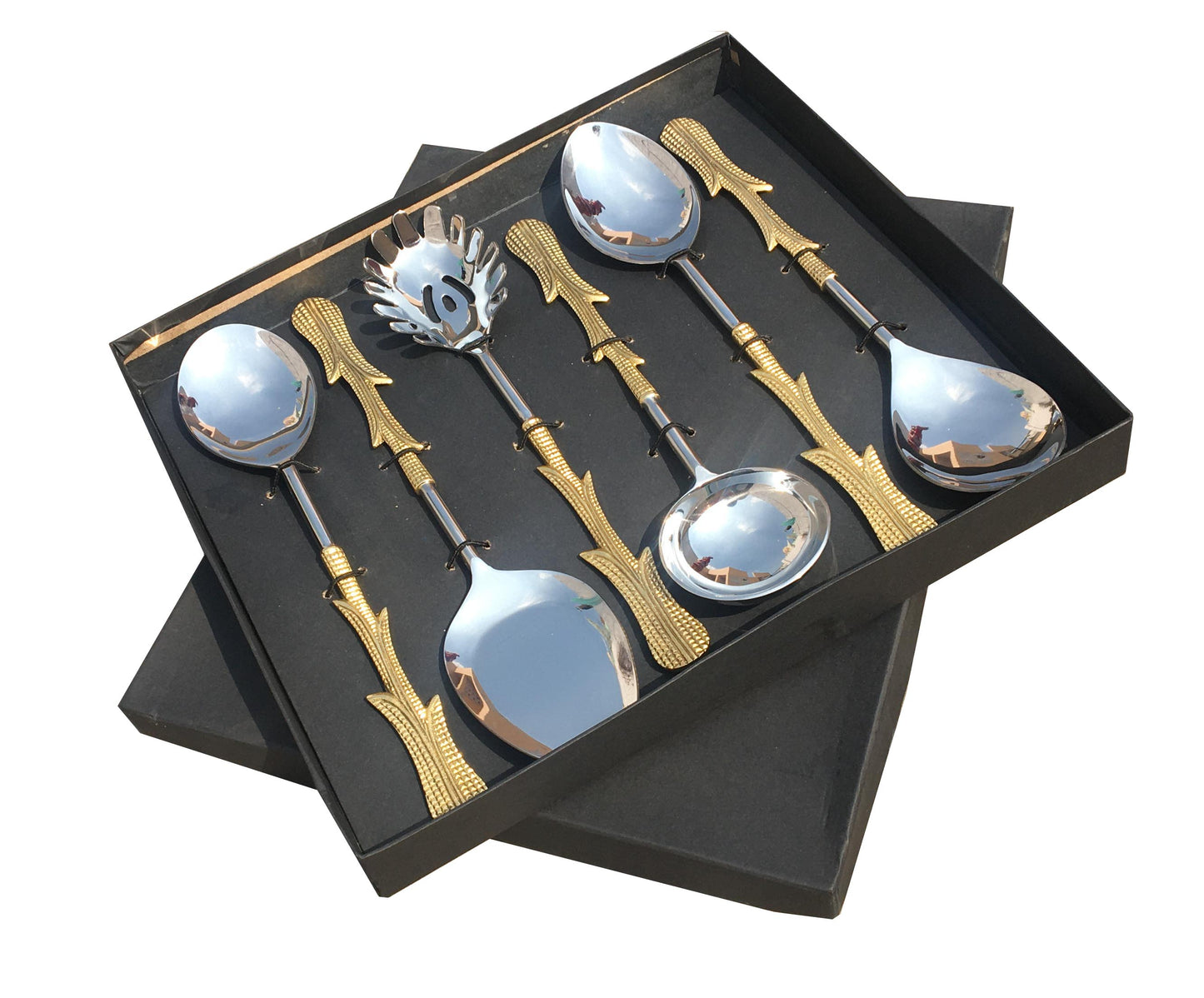 Maverics Exquisite Gold Classique Serving Spoon Set | Brass Flatware with Multi Leaves Handle | Designer Gift Box | Set of 6