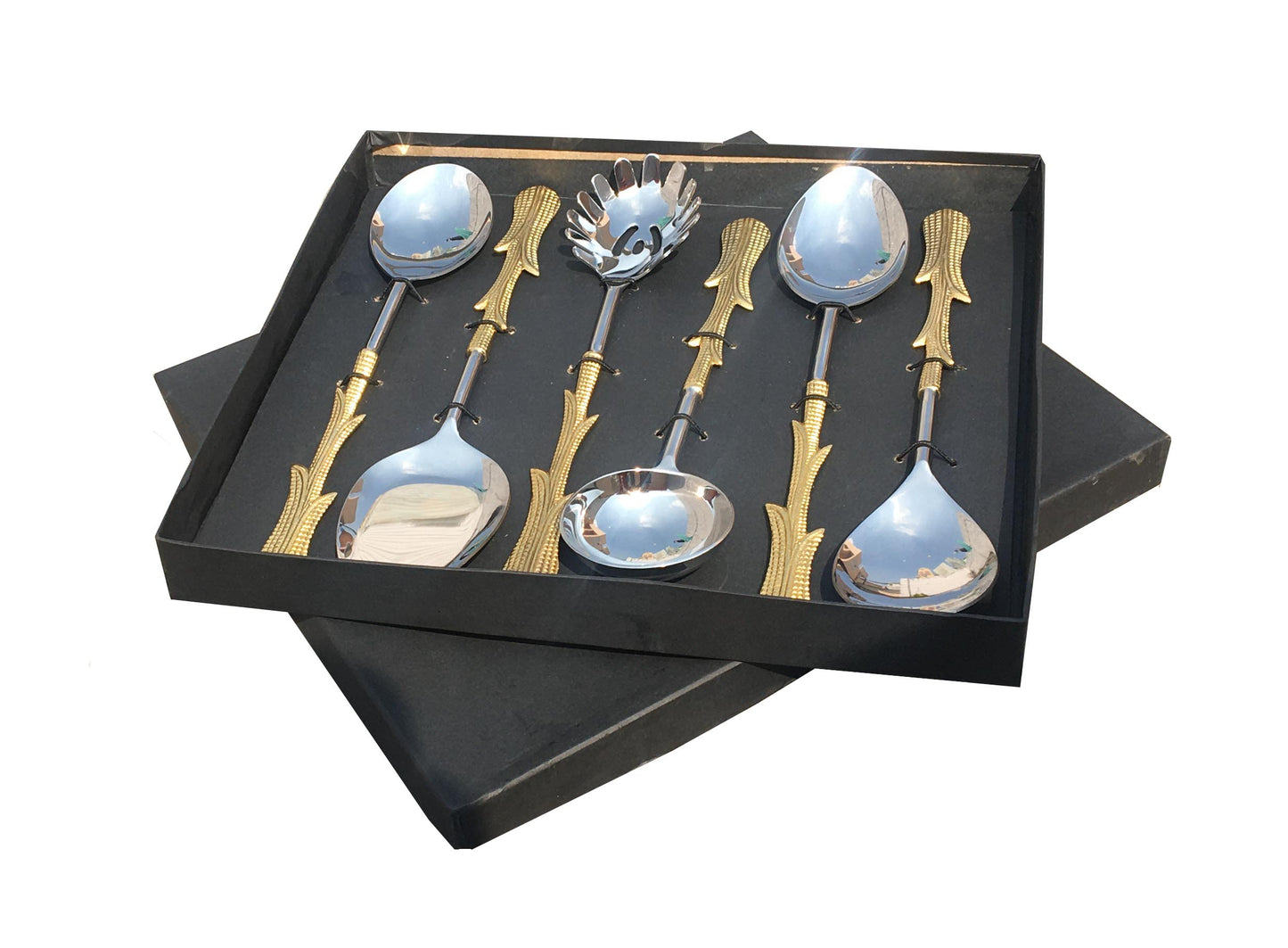 Maverics Exquisite Gold Classique Serving Spoon Set | Brass Flatware with Multi Leaves Handle | Designer Gift Box | Set of 6