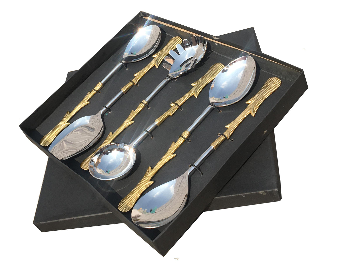 Maverics Exquisite Gold Classique Serving Spoon Set | Brass Flatware with Multi Leaves Handle | Designer Gift Box | Set of 6