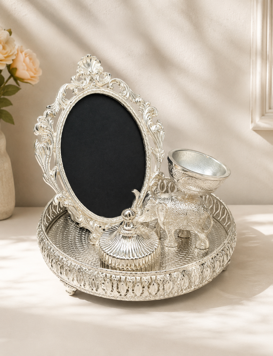 Premium Silver Decorative Tray Set with Vintage Photo Frame & Jar