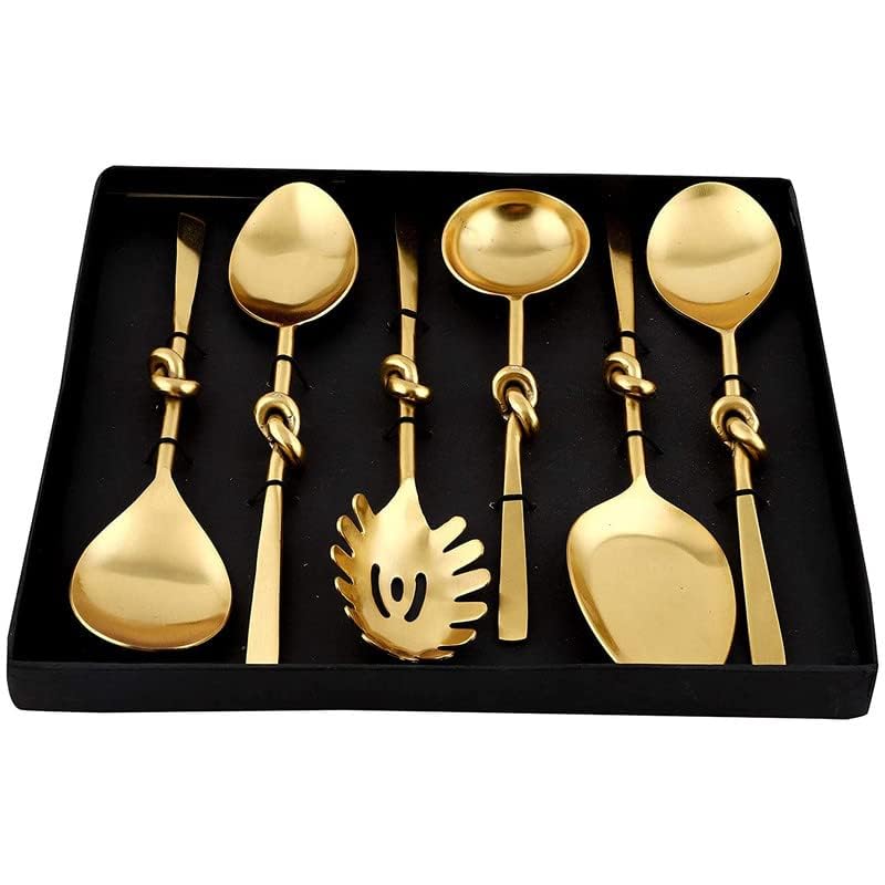 Gold Knot Style Serving Spoon Set of 6pcs, Stainless Steel Serving Spoons, Smooth Finish & Sleek Design, Easy to Use Serving Spoon for Everyday Use or Special Dinners (Color-Gold)