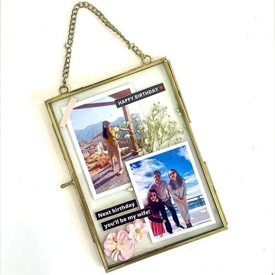 Maverics Brass Home Decor Glass & Metal Hanging Picture Frame in Black for Wall Decoration, with 2 Sides Decorative Hanging Golden Photo Frame and Family Photos valentine gift 6"x4"