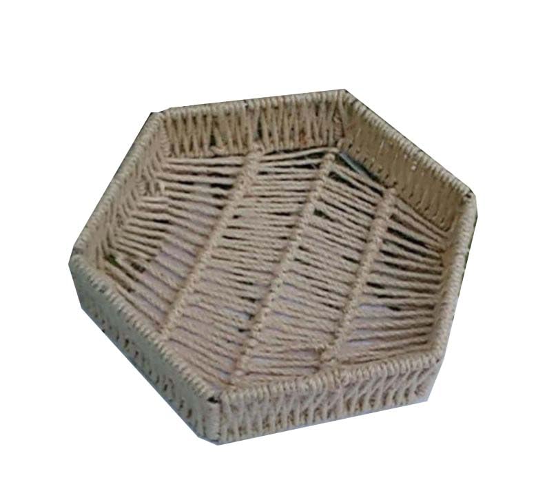 Maverics Handmade Jute Tray for Gift Hamper | Decorative Wedding Dress Serving Platter | Hexagon Zig Zag Mini Rope Storage Basket | Organize Home Living Room & Centre Dining Table Brown 12*12*3.2 Inch