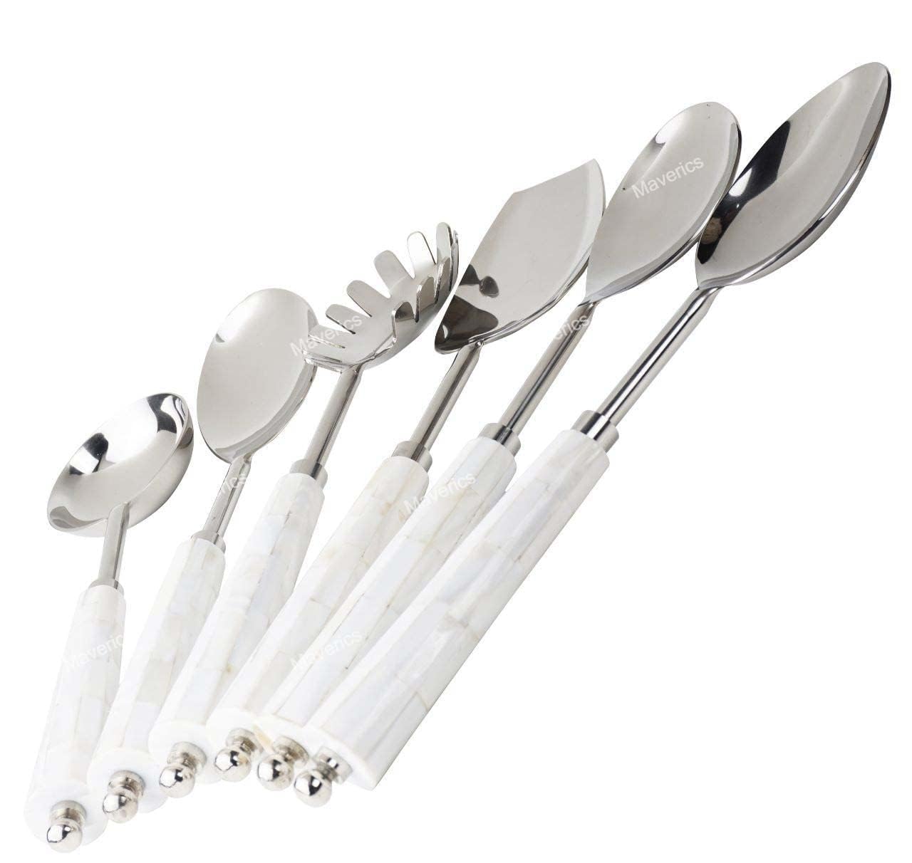 Maverics Mother of Pearl (MOP) Round Handle Cutlery Serving Spoon Elegant Designer Spoons with Black Gift Box Set of six pcs