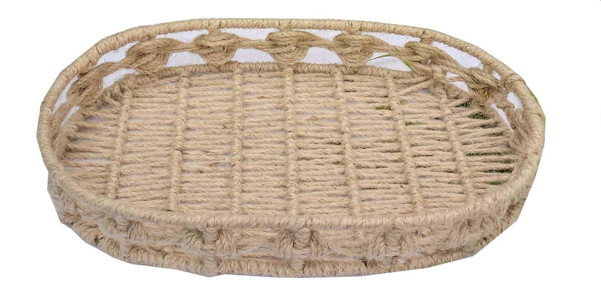 Maverics Handmade Jute Tray for Gift Hamper Packing | Decorative Wedding Dress Serving Platter | Oval Design Rope Storage Basket | Organize Home Living Room & Centre Dining Table Brown 14*8*2 Inch