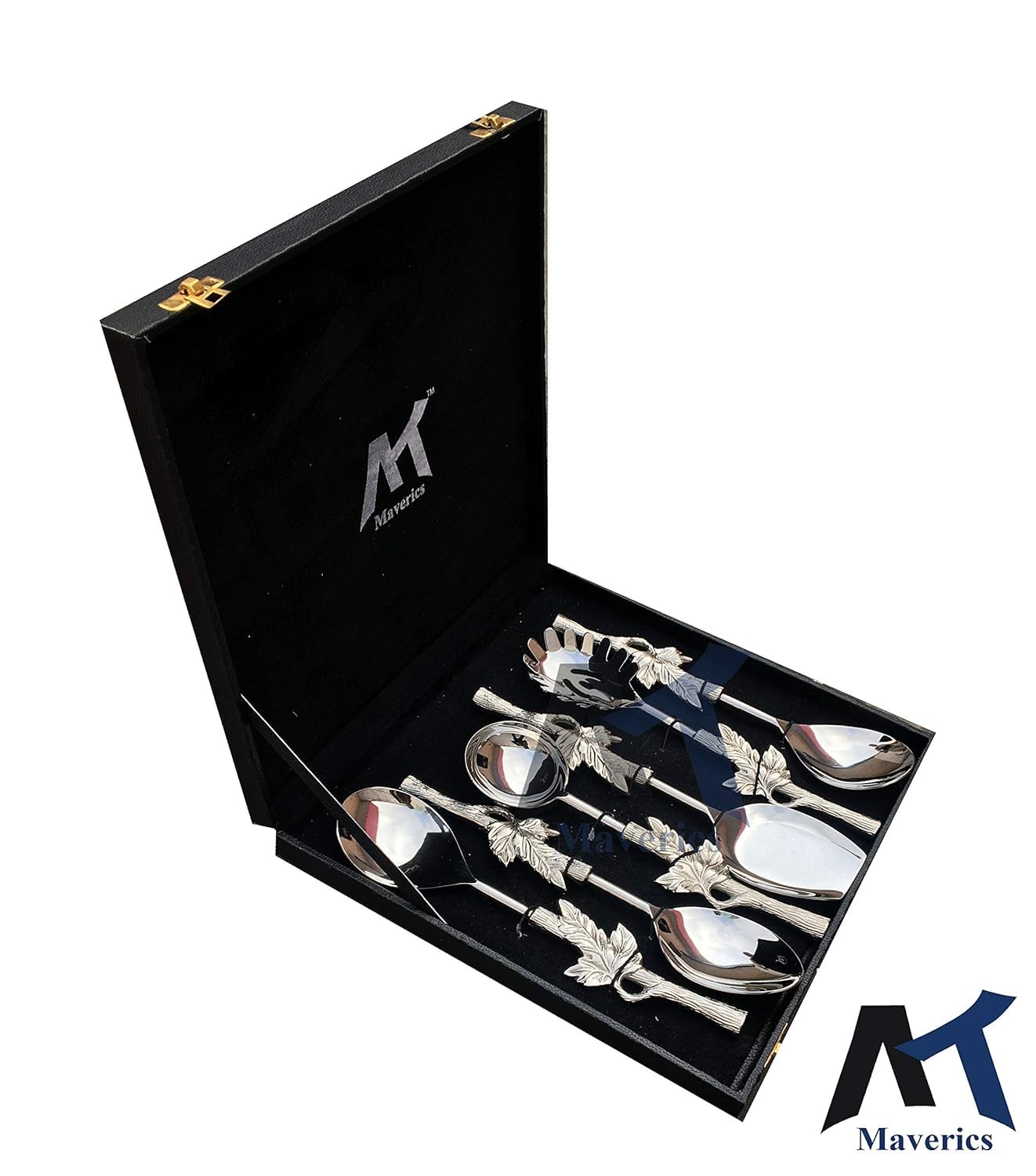 Maverics Stainless Steel Handles Serving Spoons Leaf Design - Set of 6 Piece