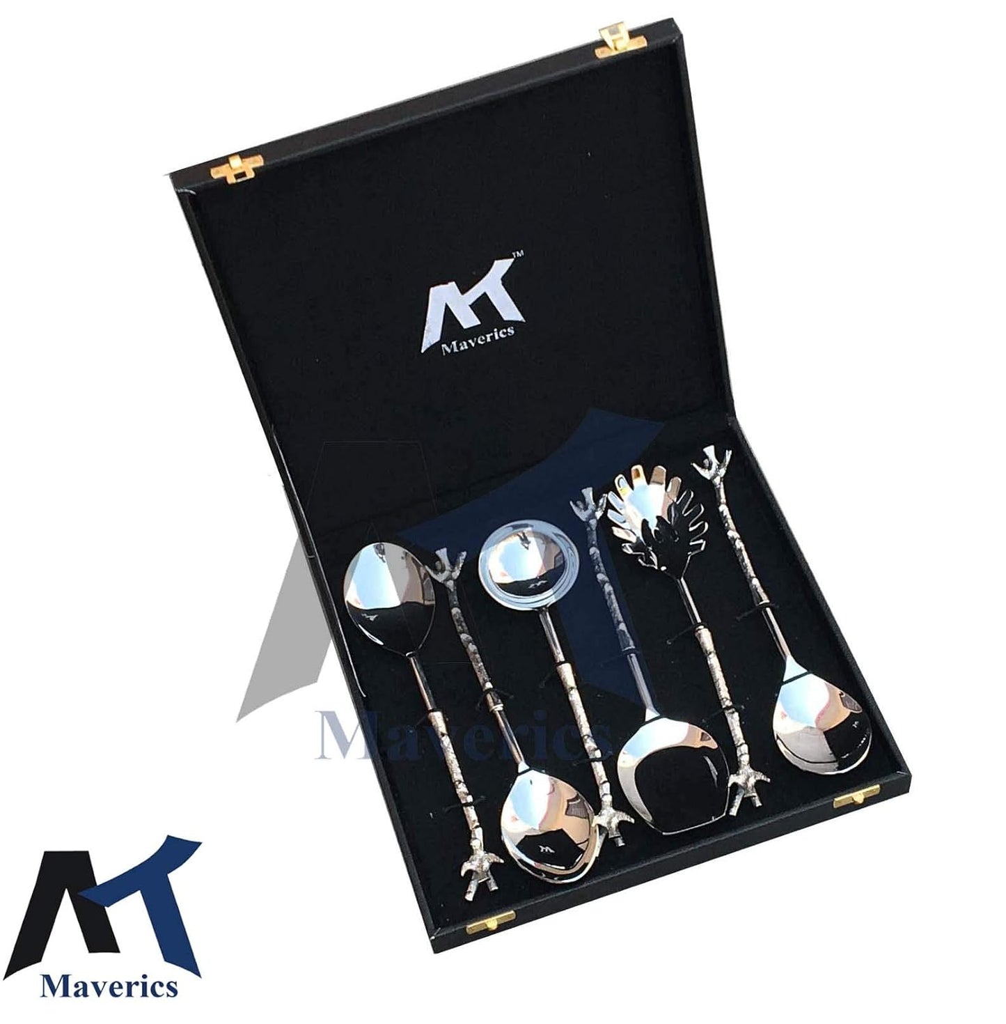 Maverics 6-Piece Brass Bird Design Stainless Steel Serving Spoon Set in Silver. Elegant Designer Spoons with Black Gift Box