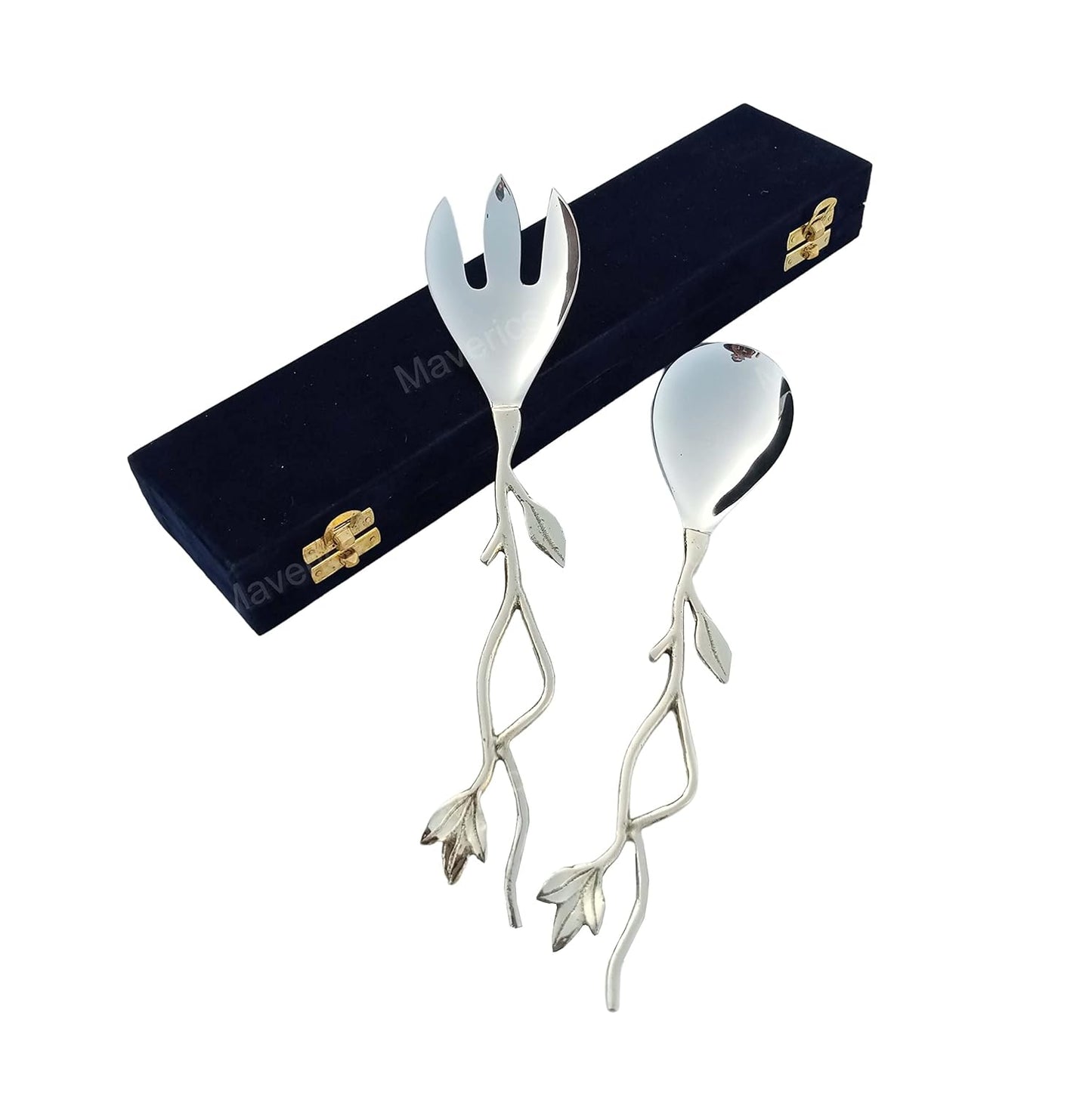 Maverics Flower Design on Brass Handle Serving Spoon & Serving Fork for Kitchen & Dining (Set of 2 pcs)