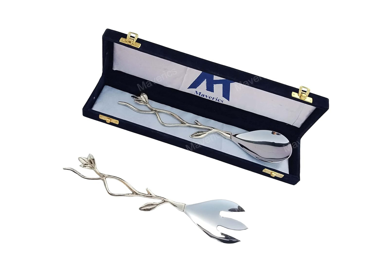 Maverics Flower Design on Brass Handle Serving Spoon & Serving Fork for Kitchen & Dining (Set of 2 pcs)