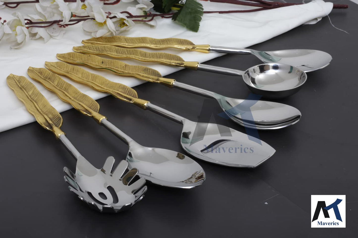 Maverics 6-Piece Stainless Steel Serving Spoon Set with Maverics Led-Free Brass Handle in a Black Box
