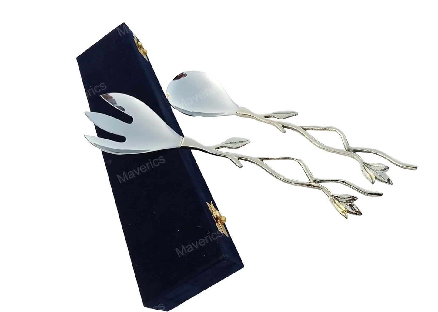 Maverics Flower Design on Brass Handle Serving Spoon & Serving Fork for Kitchen & Dining (Set of 2 pcs)
