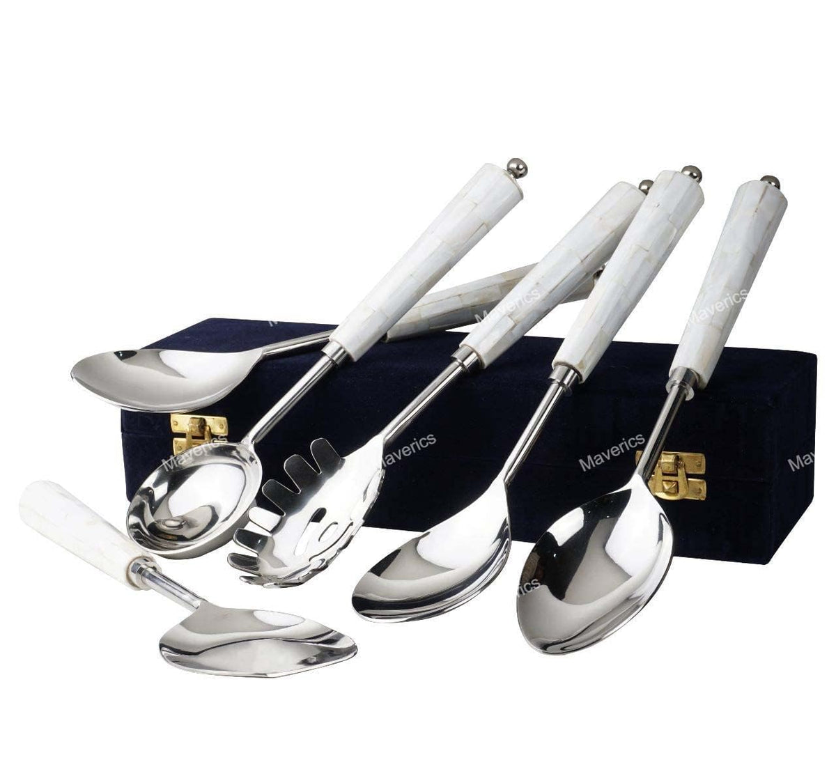Maverics Mother of Pearl (MOP) Round Handle Cutlery Serving Spoon Elegant Designer Spoons with Black Gift Box Set of six pcs