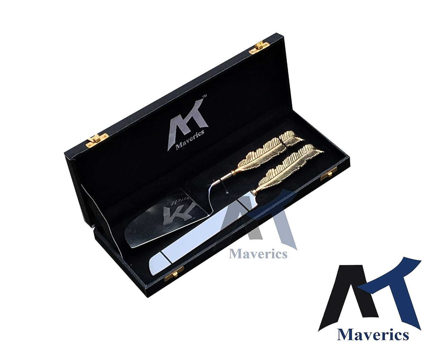 Maverics Cake Cutter Knife and Server Set of 2 | Single Leaf Handle Design | Made with Brass (Gold Plated) | Pizza Knife Pie Server | Best for Gifting