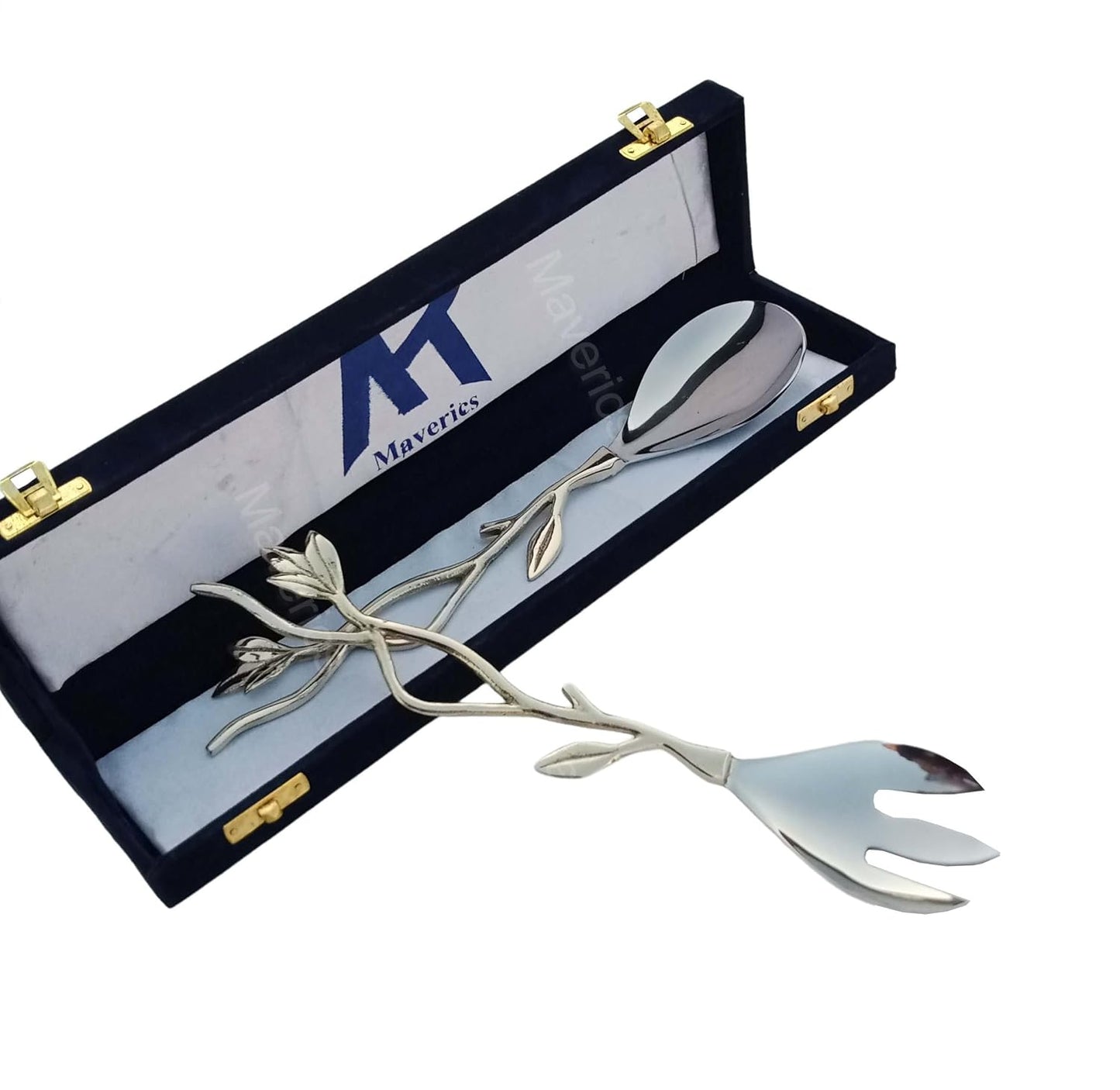 Maverics Flower Design on Brass Handle Serving Spoon & Serving Fork for Kitchen & Dining (Set of 2 pcs)