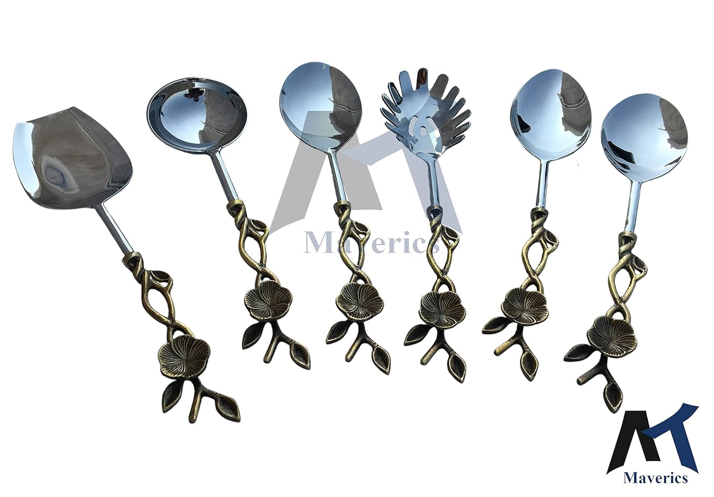 Maverics Brass Antique Center Flower with Leaf Design Serving Spoon Set of 6 pcs Made with Brass