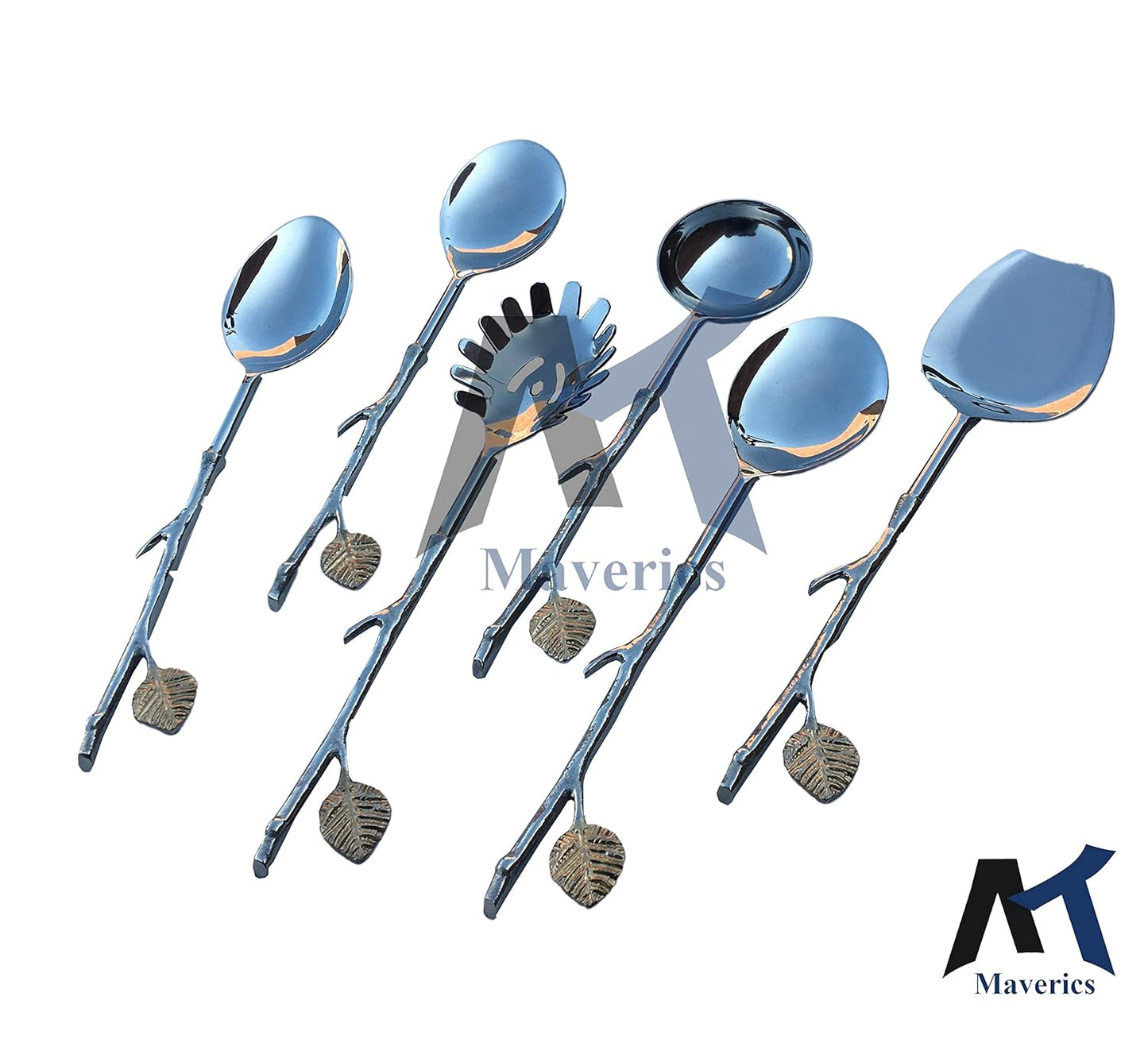 Maverics Brass Handle Side Leaf Trunk Handle Design Serving Spoon Set of 6 pcs Made with Brass