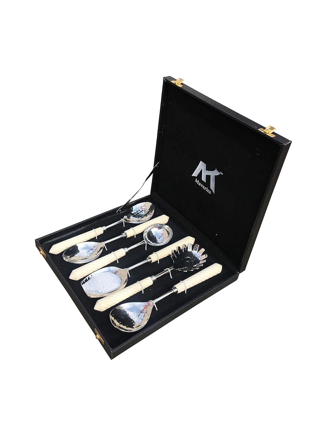 Maverics Gold Polished Classique Serves Designer Serving Spoon Set Gift Box | Flatware Cutlery Antique Handle Design | Made with Brass | Set of 6