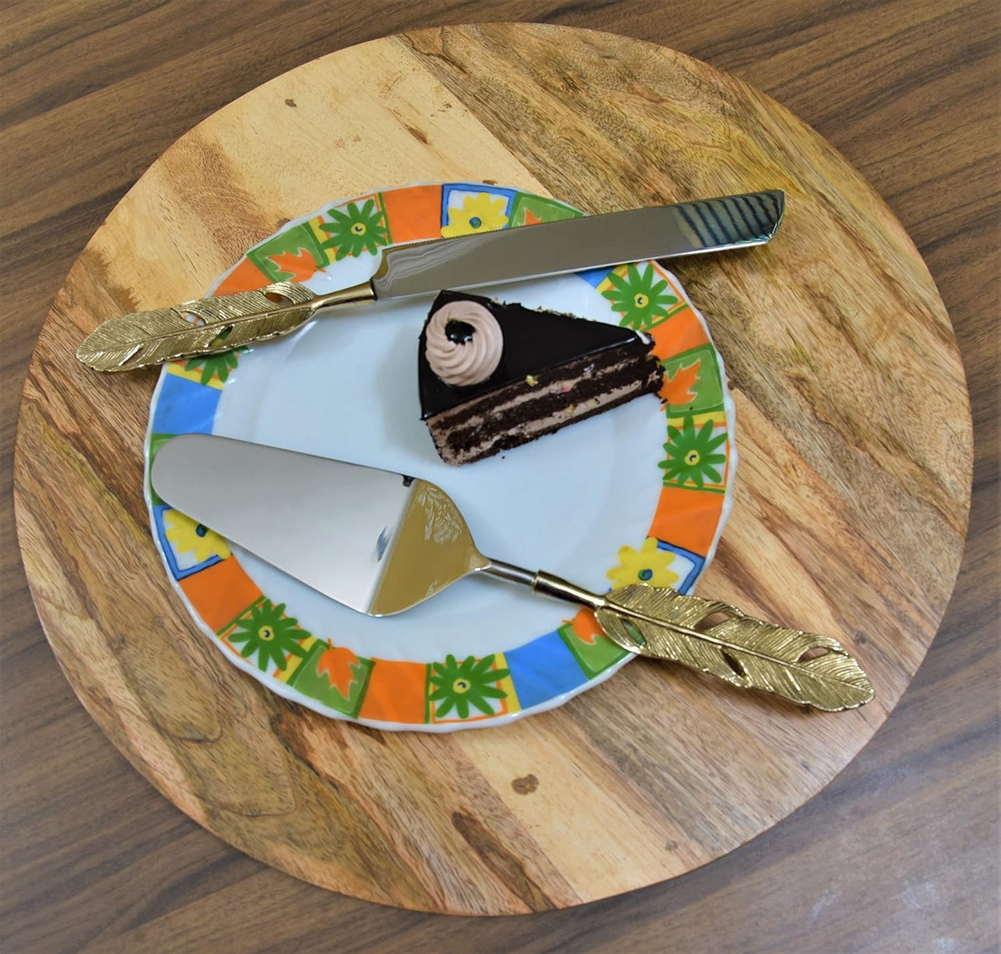 Maverics Cake Server and Knife Set with Designer Handle, Gold Feather Pizza Knife | Ideal for Gifting