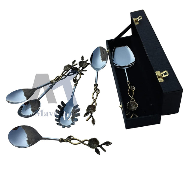 Maverics Brass Antique Center Flower with Leaf Design Serving Spoon Set of 6 pcs Made with Brass