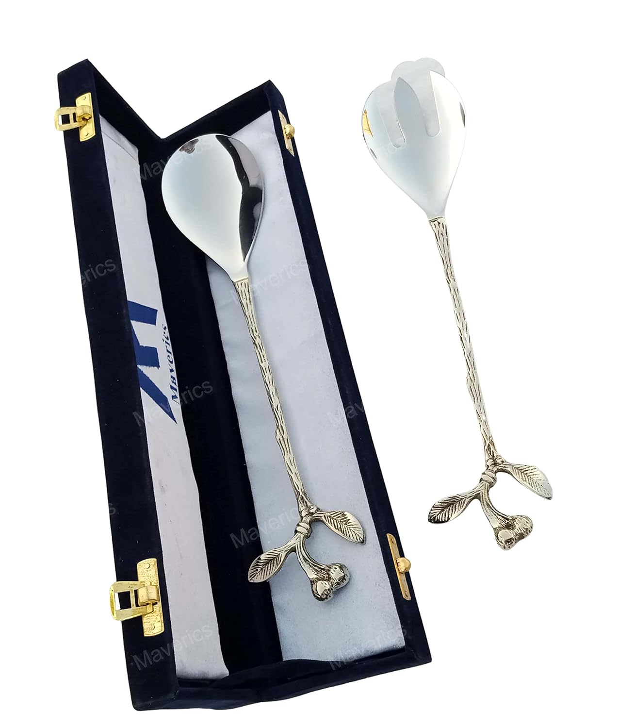 Maverics Designer Brass Handle Serving Spoon & Serving Fork for Home & Kitchen