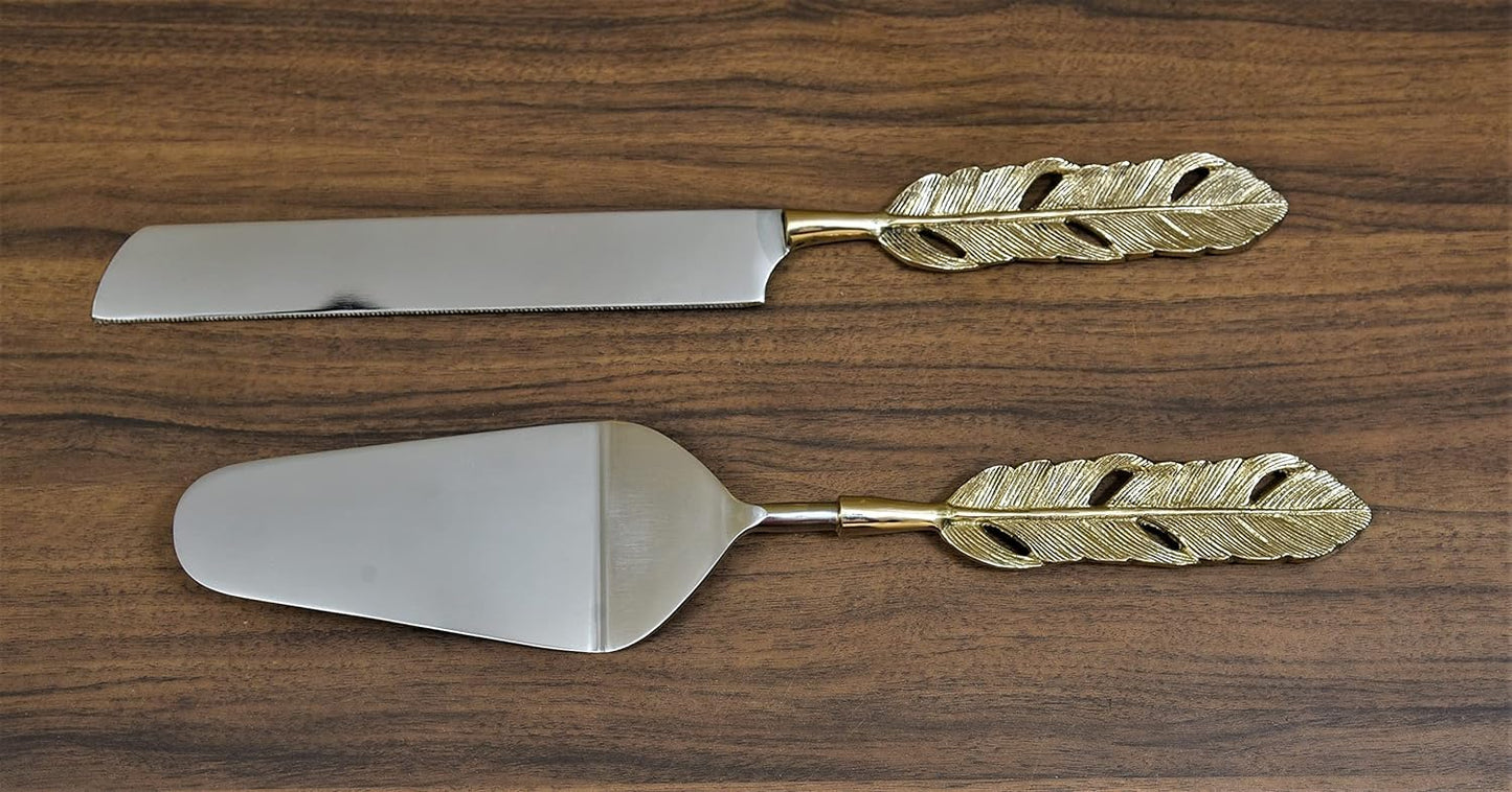 Maverics Cake Server and Knife Set with Designer Handle, Gold Feather Pizza Knife | Ideal for Gifting
