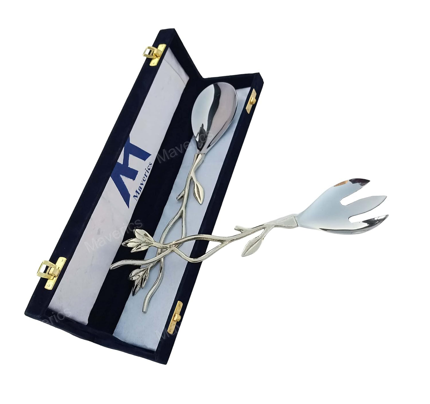Maverics Flower Design on Brass Handle Serving Spoon & Serving Fork for Kitchen & Dining (Set of 2 pcs)