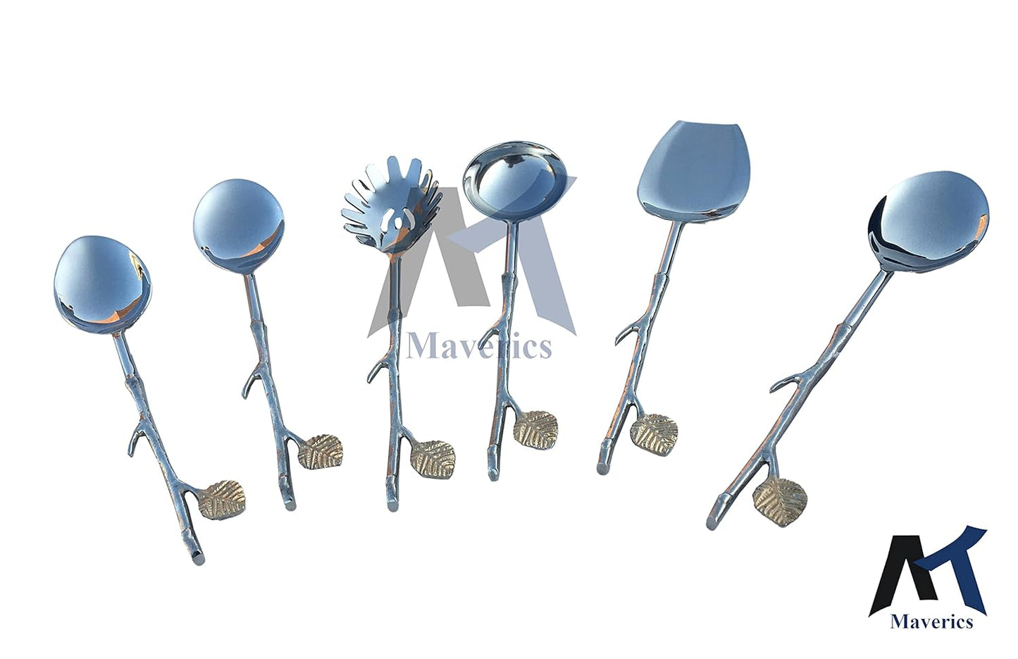 Maverics Brass Handle Side Leaf Trunk Handle Design Serving Spoon Set of 6 pcs Made with Brass
