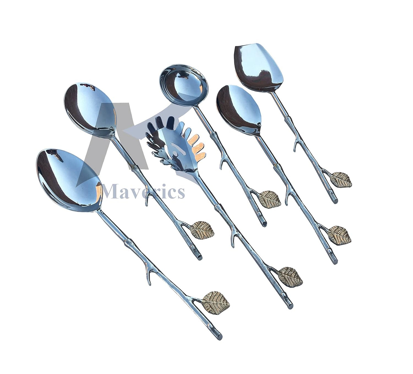 Maverics Brass Handle Side Leaf Trunk Handle Design Serving Spoon Set of 6 pcs Made with Brass