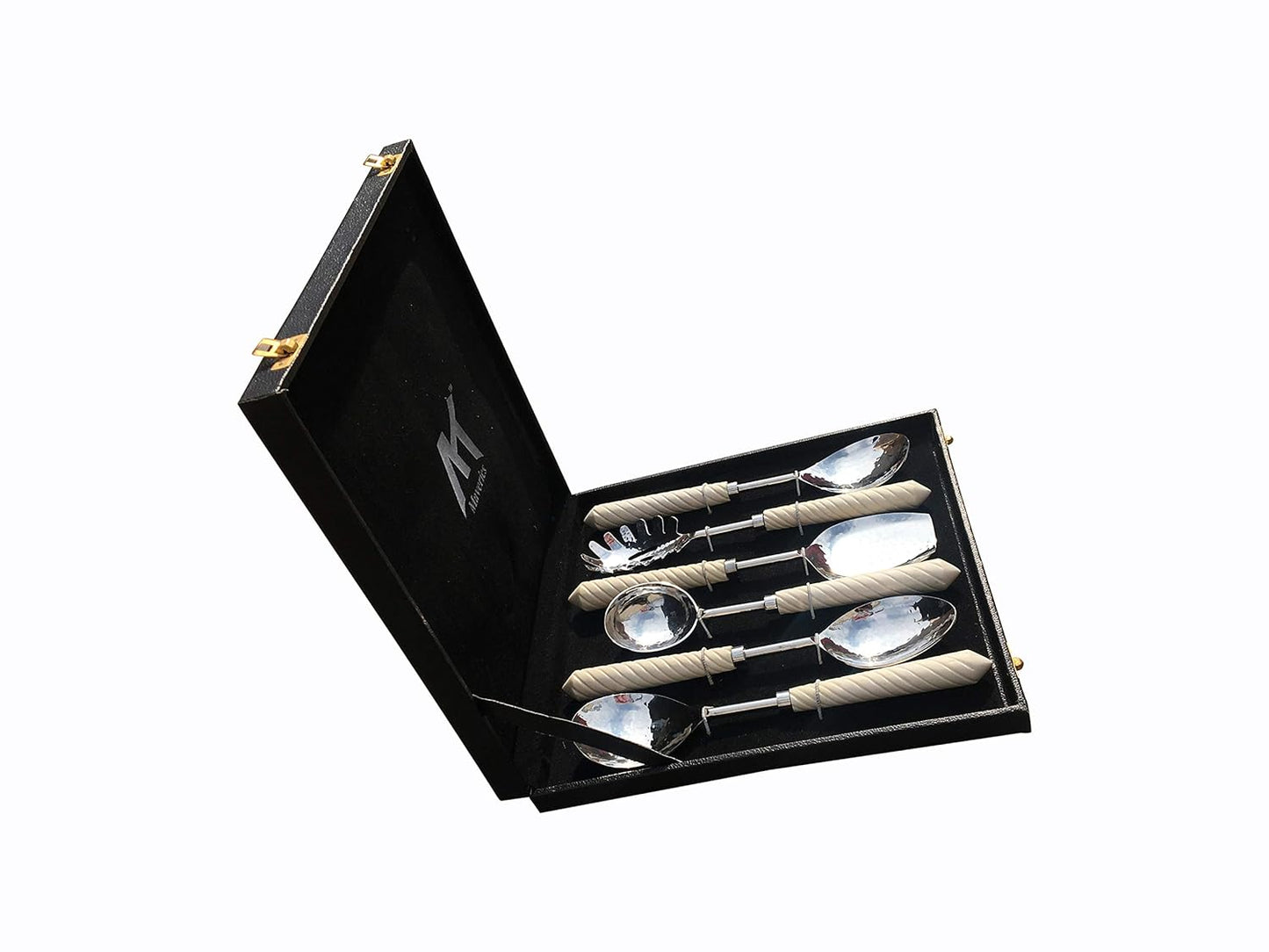 Maverics Gold Polished Classique Serves Designer Serving Spoon Set Gift Box | Flatware Cutlery Antique Handle Design | Made with Brass | Set of 6
