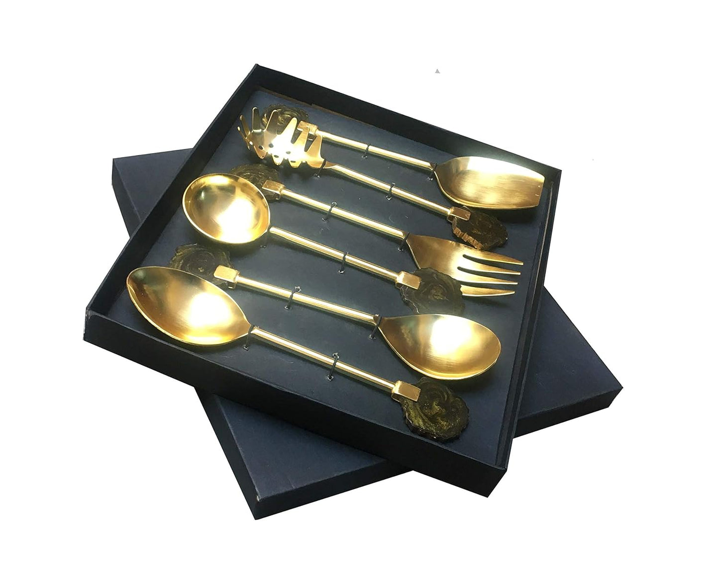 Maverics Gold Polished Classique Serves Designer Serving Spoon Set Gift Box | Flatware Cutlery Brown Raisin Coaster Handle Design | Made with Brass | Set of 6