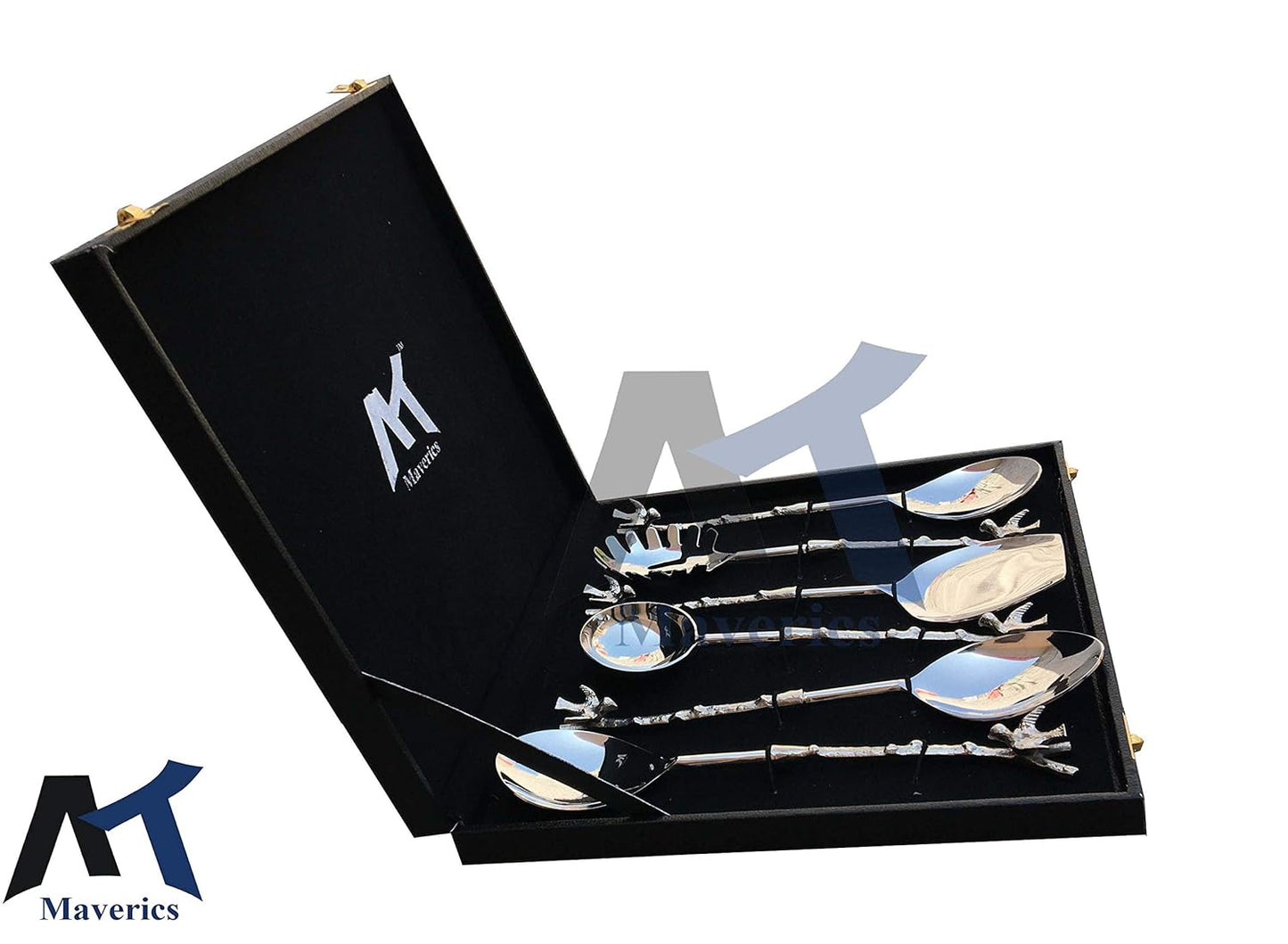 Maverics 6-Piece Brass Bird Design Stainless Steel Serving Spoon Set in Silver. Elegant Designer Spoons with Black Gift Box