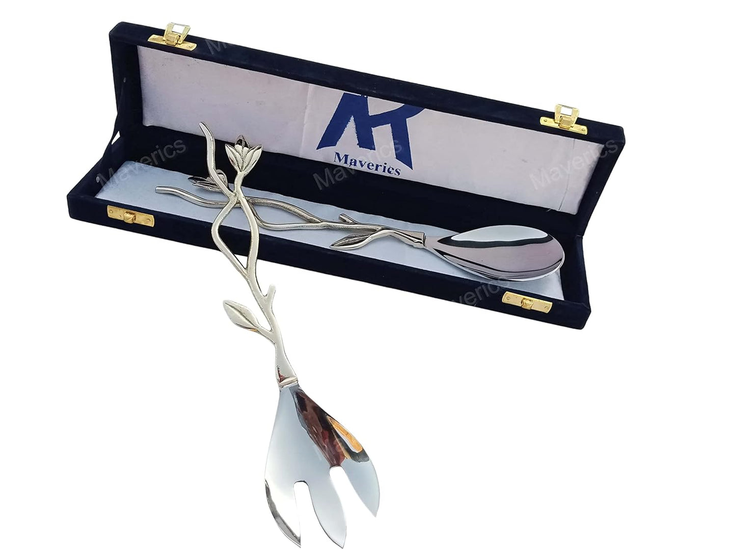 Maverics Flower Design on Brass Handle Serving Spoon & Serving Fork for Kitchen & Dining (Set of 2 pcs)