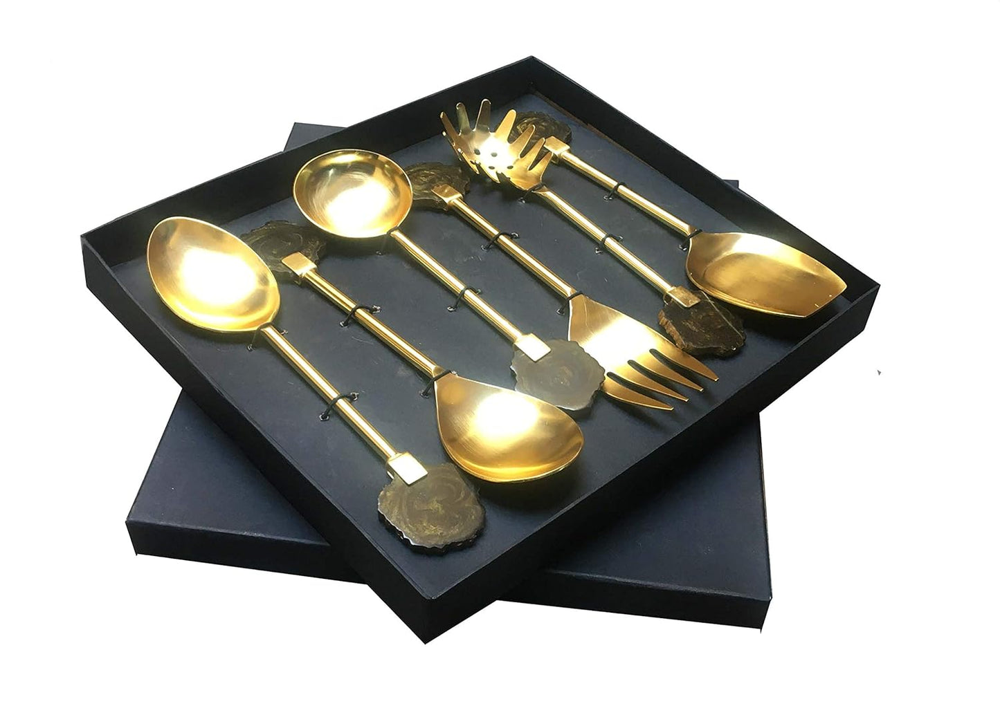 Maverics Gold Polished Classique Serves Designer Serving Spoon Set Gift Box | Flatware Cutlery Brown Raisin Coaster Handle Design | Made with Brass | Set of 6