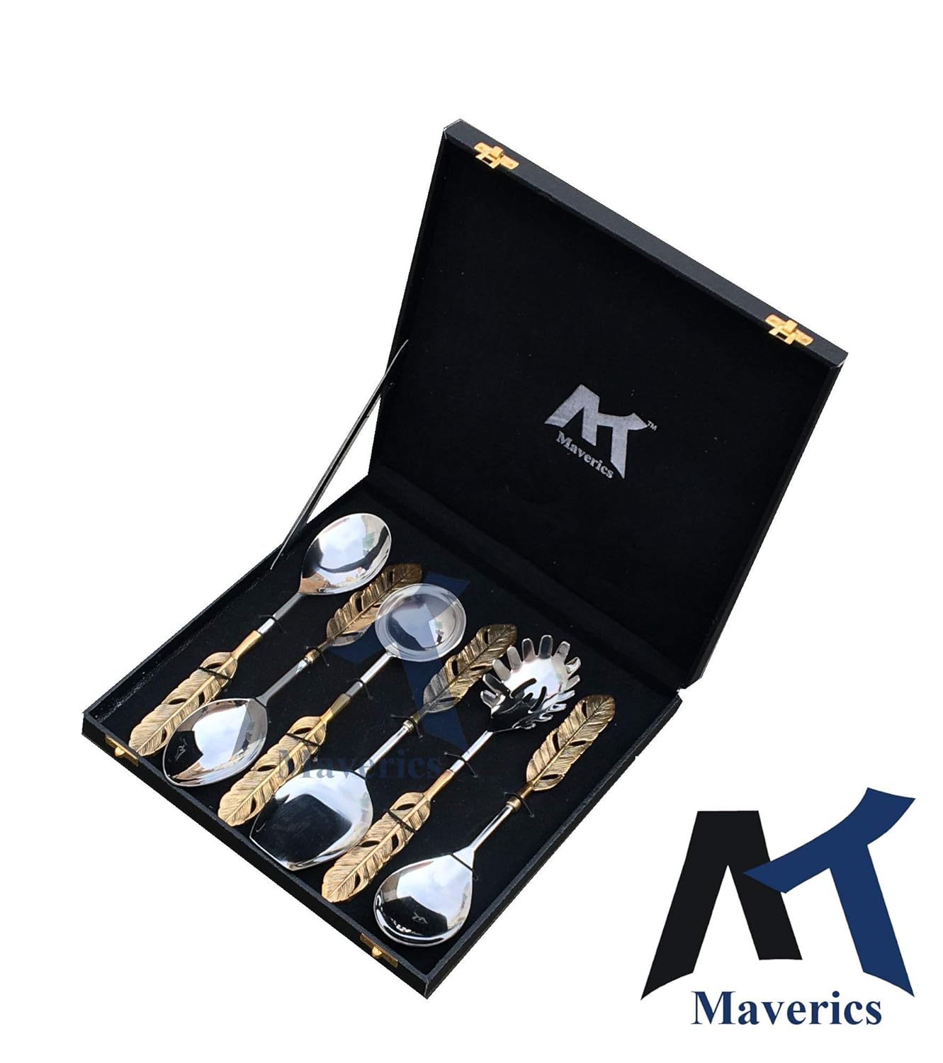 Maverics Gold Polished Classique Serves Designer Serving Spoon Set Gift Box | Flatware Cutlery Golden Feather Antique Handle Design | Made with Brass | Set of 6