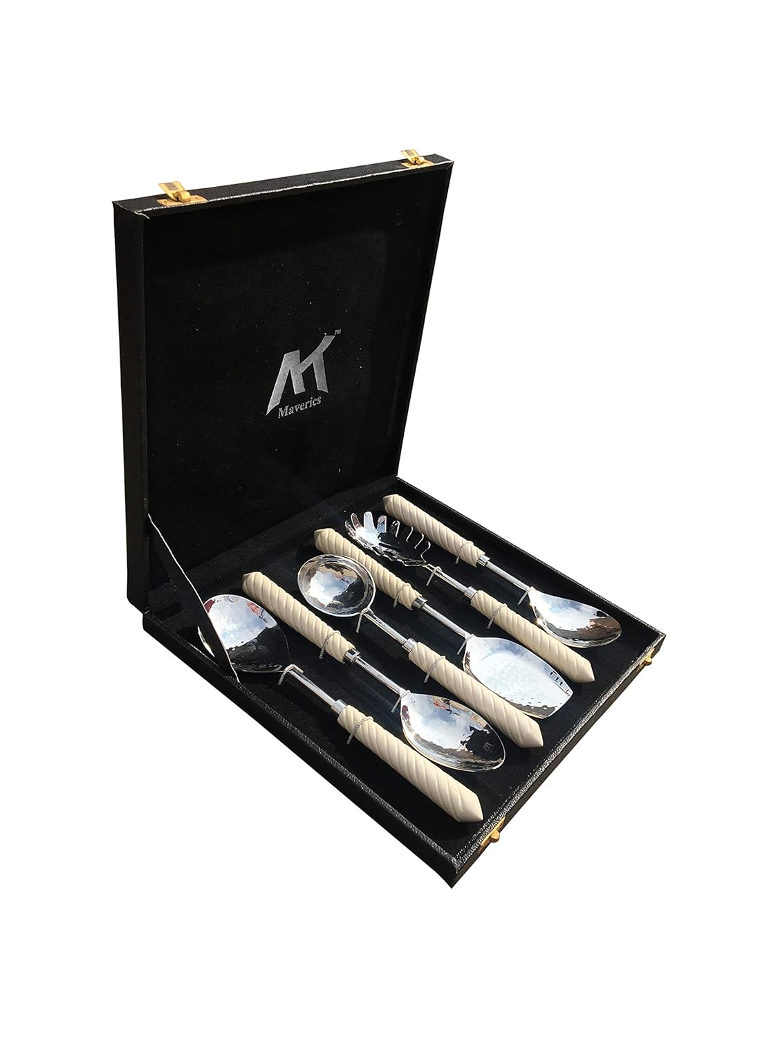 Maverics Gold Polished Classique Serves Designer Serving Spoon Set Gift Box | Flatware Cutlery Antique Handle Design | Made with Brass | Set of 6