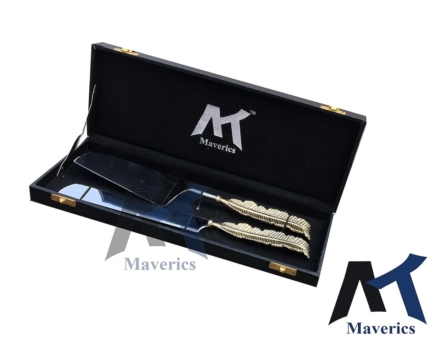 Maverics Cake Cutter Knife and Server Set of 2 | Single Leaf Handle Design | Made with Brass (Gold Plated) | Pizza Knife Pie Server | Best for Gifting