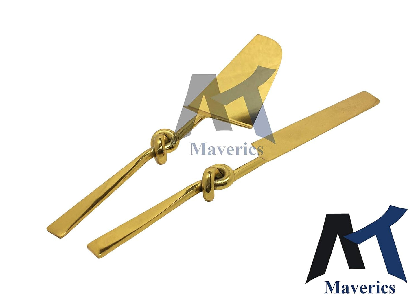 Maverics Cake Cutter Knife and Server Spatula Cutting Set of 2 | Single Knot Handle Design | Made with Brass (Gold Plated) | Pizza Knife Pie Server | Best for Gifting