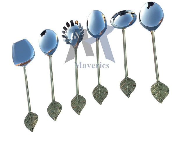 Maverics Single Brass Leaf Serving Spoon Set of 6 pcs Made with Brass for Dining, Kitchen, Homeware