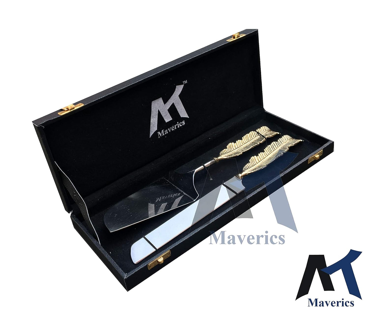 Maverics Cake Cutter Knife and Server Set of 2 | Single Leaf Handle Design | Made with Brass (Gold Plated) | Pizza Knife Pie Server | Best for Gifting