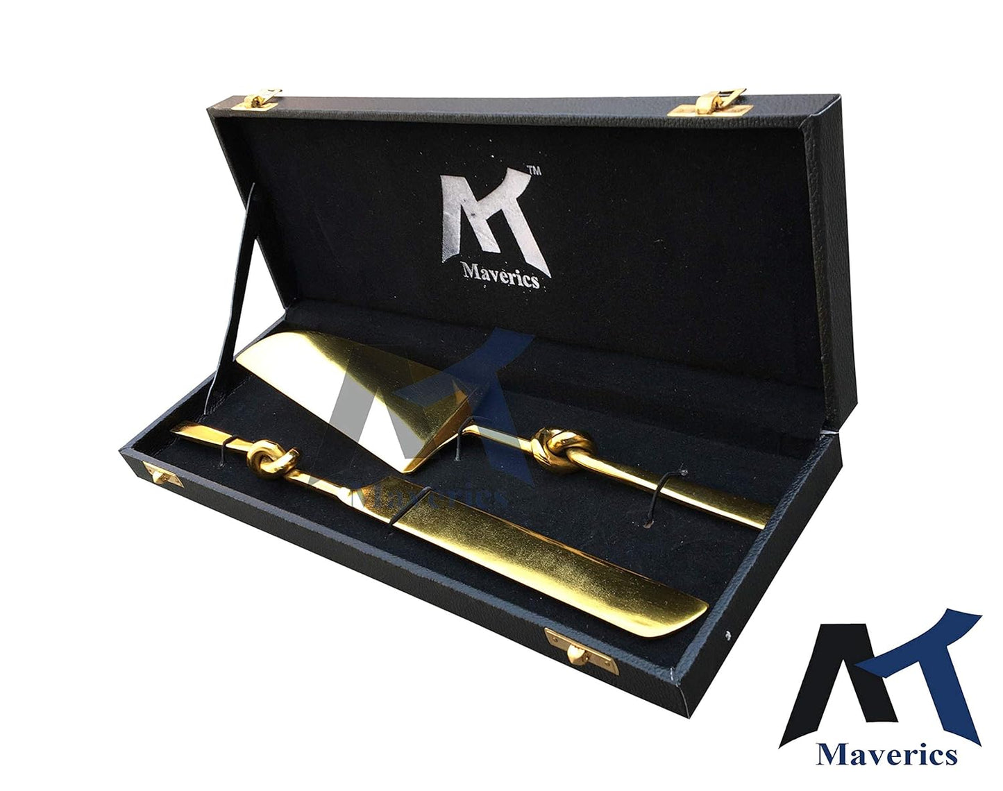 Maverics Cake Cutter Knife and Server Spatula Cutting Set of 2 | Single Knot Handle Design | Made with Brass (Gold Plated) | Pizza Knife Pie Server | Best for Gifting