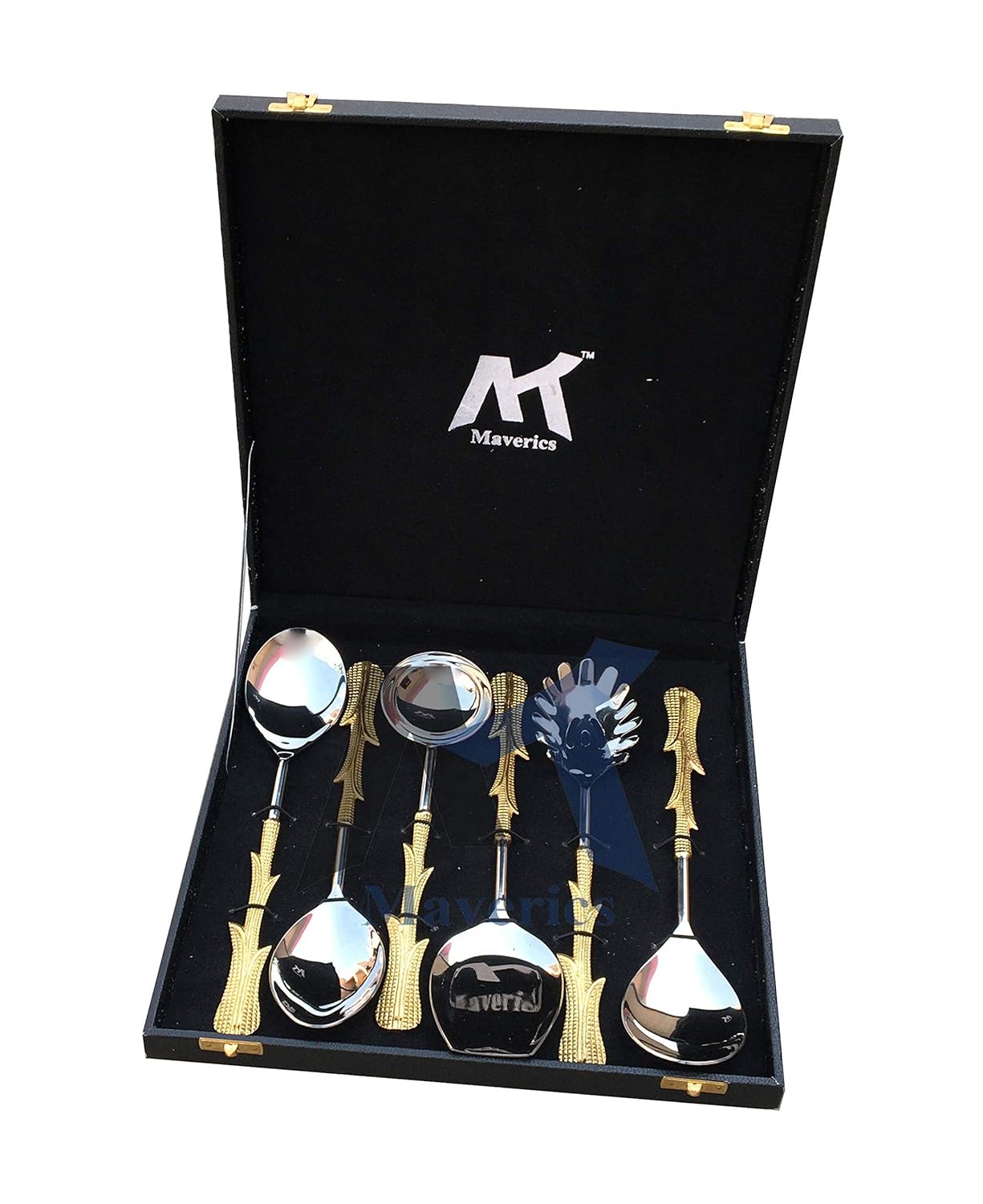 Maverics Exquisite Gold Classique Serving Spoon Set | Brass Flatware with Multi Leaves Handle | Designer Gift Box | Set of 6