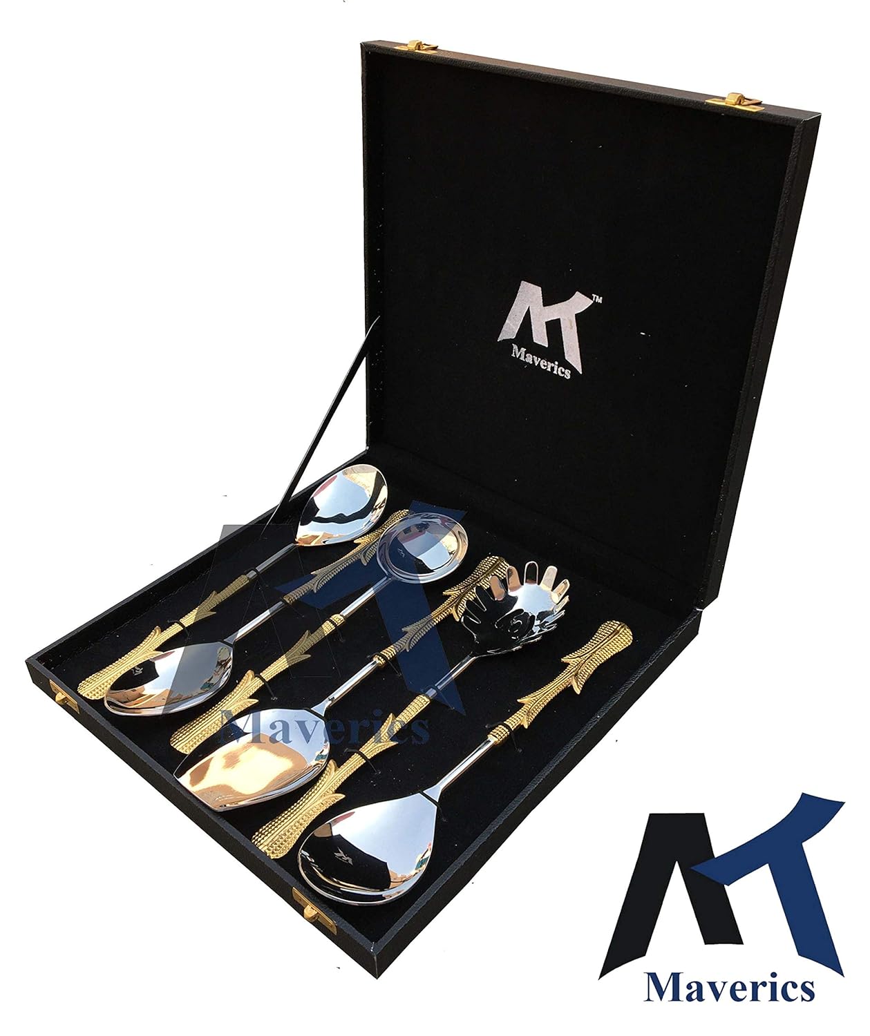 Maverics Exquisite Gold Classique Serving Spoon Set | Brass Flatware with Multi Leaves Handle | Designer Gift Box | Set of 6