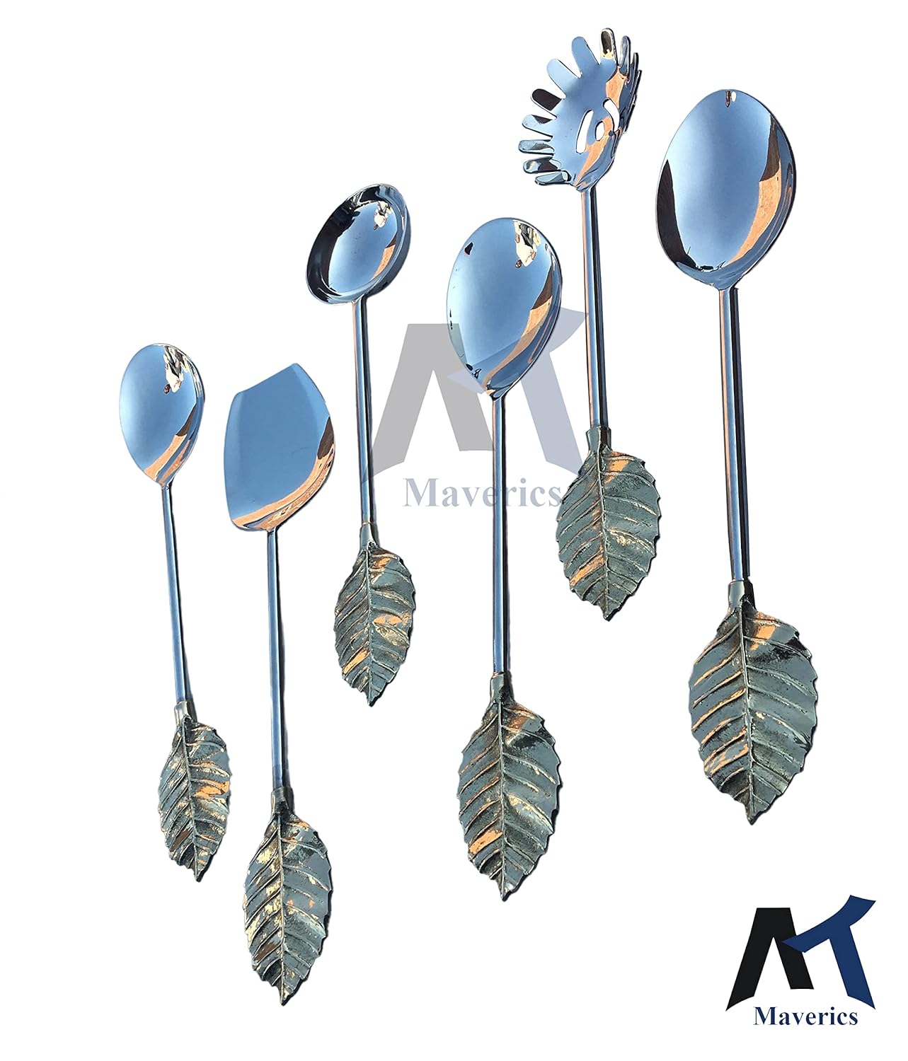 Maverics Leaf Design Serving Spoon Set of 6 pcs Made with Brass Leaf Handle & Stainless Steel Part
