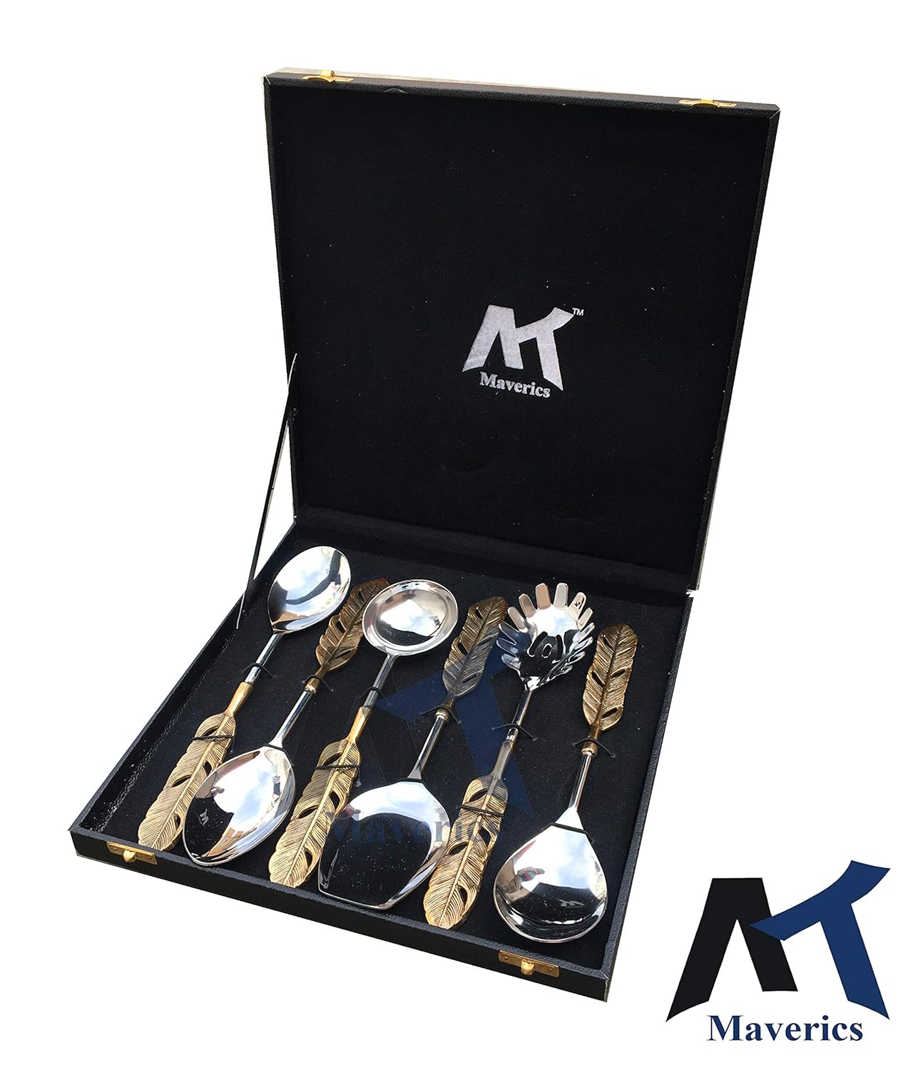Maverics Gold Polished Classique Serves Designer Serving Spoon Set Gift Box | Flatware Cutlery Golden Feather Antique Handle Design | Made with Brass | Set of 6
