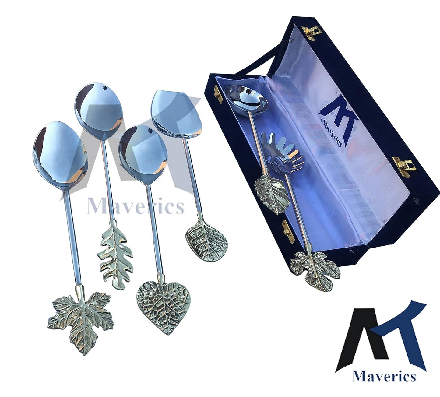 Maverics Multileaf Six Pcs Design Serving Spoons with Different Brass Handle Designs