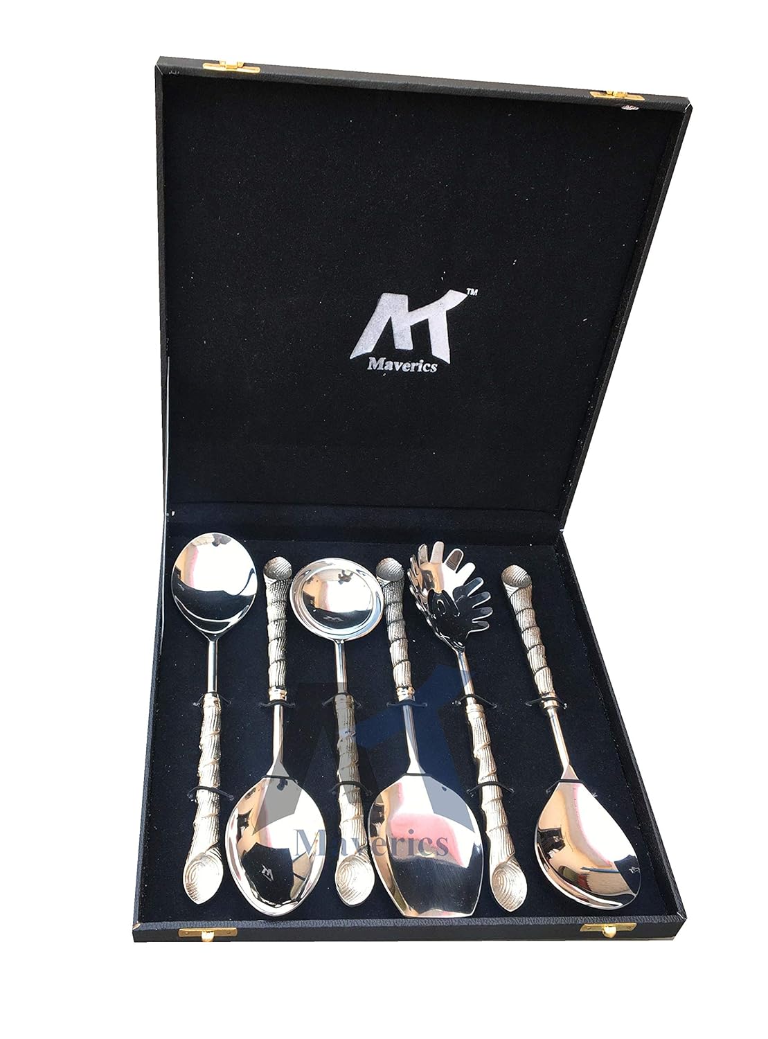 Maverics 6-Piece Stainless Steel Serving Spoon Set for Dining & Kitchen - Elegant Silver with Aluminium Handle - Ideal for Dining Table - Comes in Black Gift Box