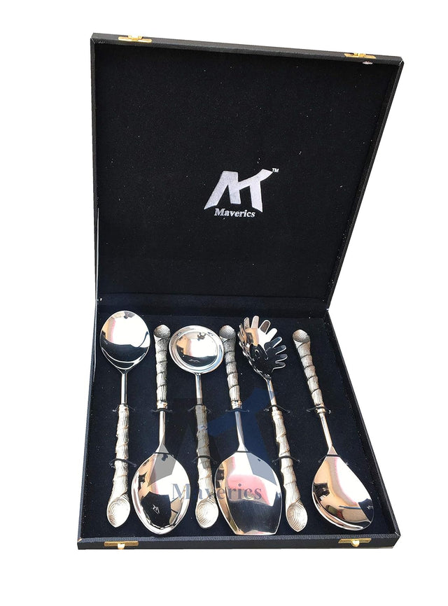 Maverics 6-Piece Stainless Steel Serving Spoon Set for Dining & Kitchen - Elegant Silver with Aluminium Handle - Ideal for Dining Table - Comes in Black Gift Box