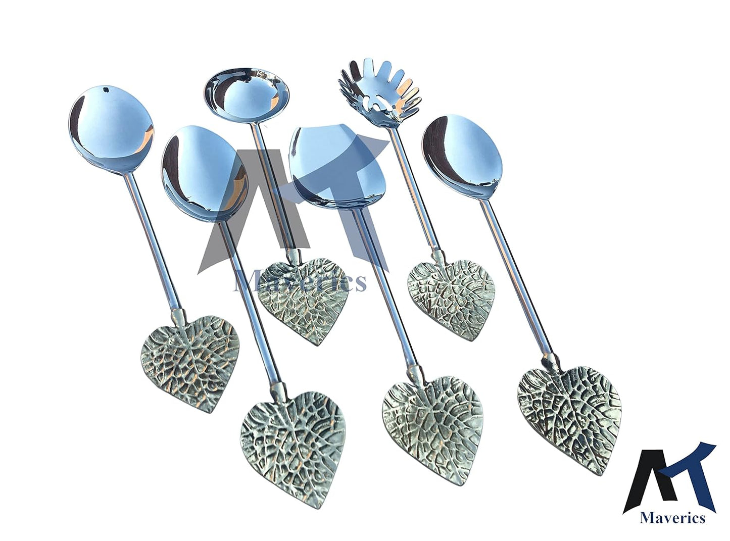 Maverics Pan Leaf Design Serving Spoon Set of 6 pcs Made with Brass Handle and Steel Top Parts for Dining Table, Kithcen